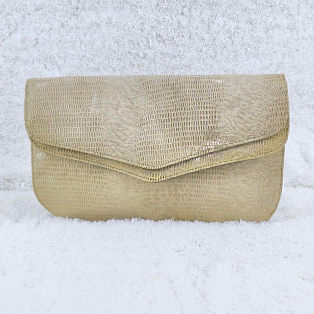Beige Snake Skin Embossed Leather Clutch Shoulder Bag